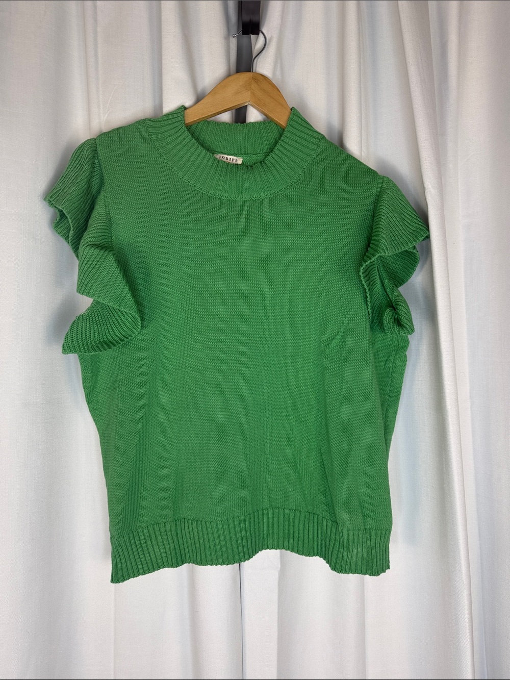 JODIFL Vibrant Green Ruffle Sleeve Crewneck Sweater